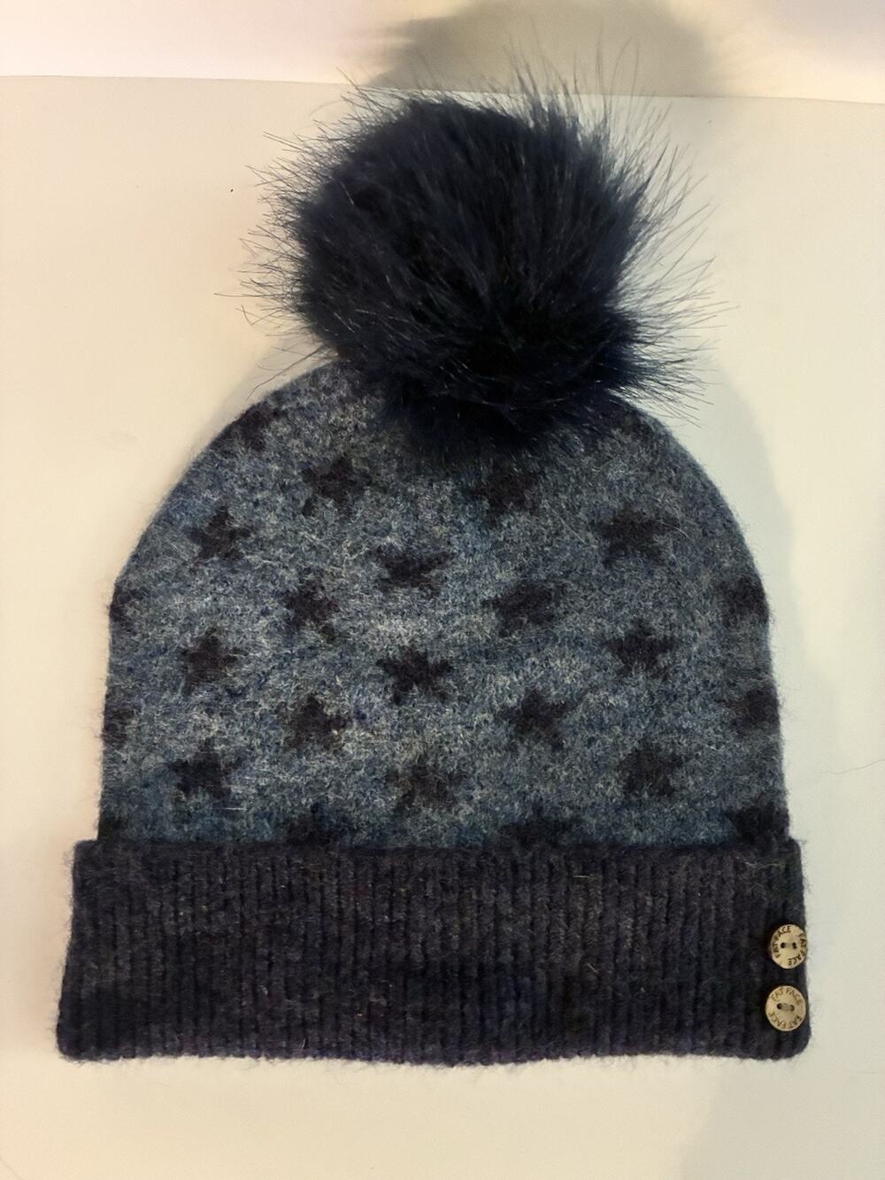 NWOT Fat Face Blue Navy Bobble Hat Beanie 2 small wooden Buttons Pom Pom